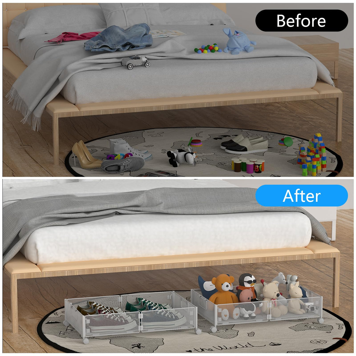 VyGrow Under Bed Storage Containers, Under Bed Storage with Wheels, Shoe Organizer Under Bed with Handles, Tool-free Assembly Underbed Storage for Clothes, Shoes, Blankets, Toy Storage, White, 2Pack
