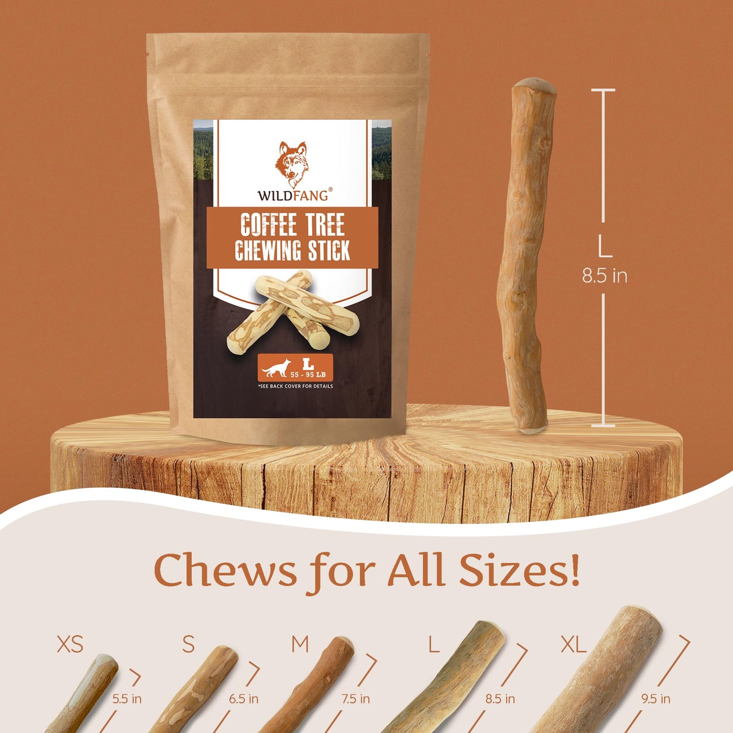 Wildfang® Coffee Wood Dog Chew, L – Durable Chew Toy for Aggressive Chewers, Puppy Teething Toy, Helps Strengthen Chewing Muscles, Coffee Tree Stick for Large Dogs 25–45 kg (Pack of 3)