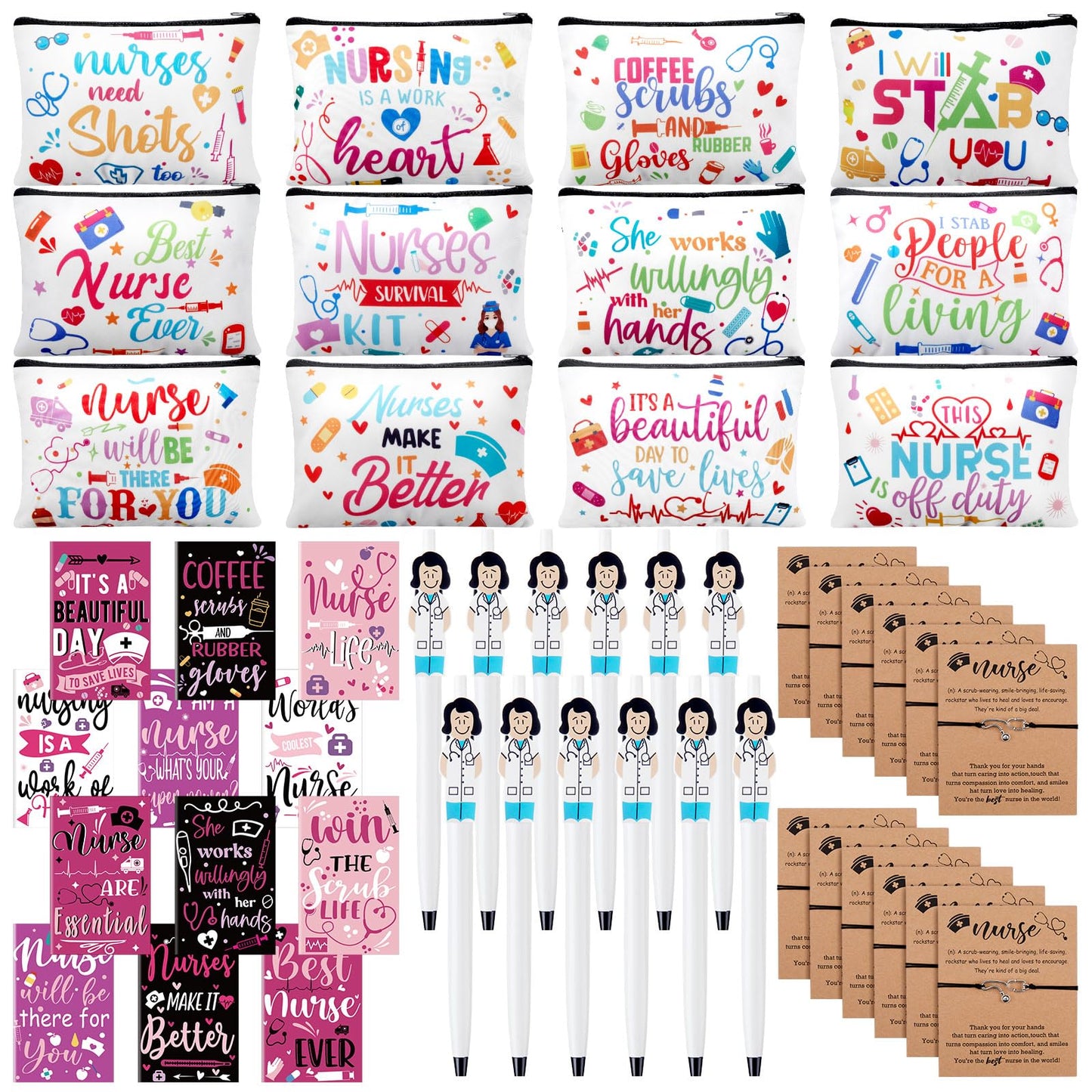Sabary 48 Pcs Nurse Appreciation Gifts Set for Women 12 Makeup Cosmetic Bag 12 Notebooks 12 Doctor Nurse Ballpoint Pens 12 Bracelets for Rn CNA Nurses Week Nursing Students Graduation Gifts(Stylish)