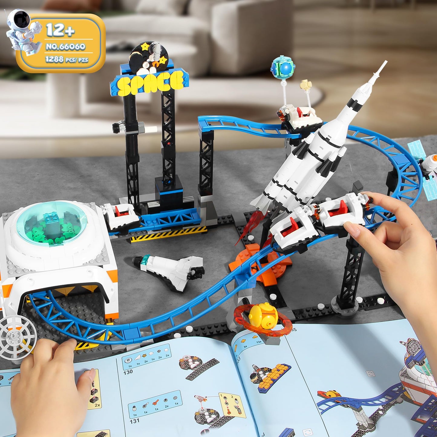 Space Roller Coaster Building Set for Boys 12-14, City Amusement Park Block Featuring Lift Platform, Satellites, Rocket for Kids Ages 12+, 1288Pcs
