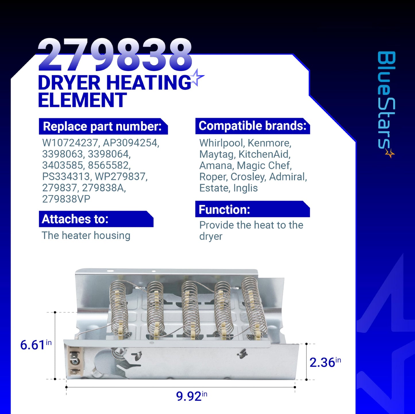 BlueStars 279838 W10724237 Dryer Heating Element - Compatible with Whirlpool Roper Amana Kenmore 70 80 Series Model 110 Dryer NED4655EW1 WED4815EW1 MEDC215EW1 RED4640YQ0 RED4440VQ1 REX4634KQ1