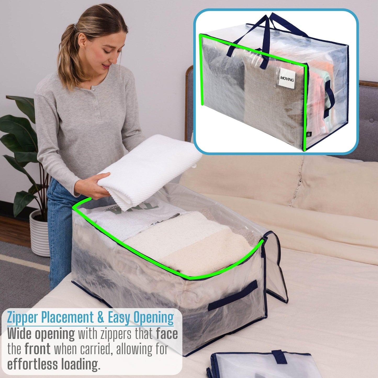 VENO Heavy Duty Extra Large Foldable Storage Bags with Zippers & Carrying Handles, Storage Containers Organizer Tote, Moving Boxes for College Dorm, Travel, Camping, Reusable (Clear, 8 Pack)