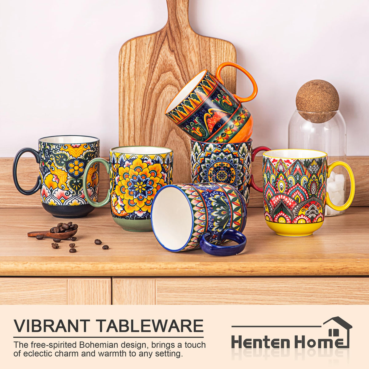 Henten Home Porcelain Coffee Mug Set of 6, 14 oz Colorful Latte Cup with Handle, Boho Ceramci Mug for Hot Chocolate, Milk, Tea, Cappuccino, Cocoa, Microwave & Dishwasher Safe