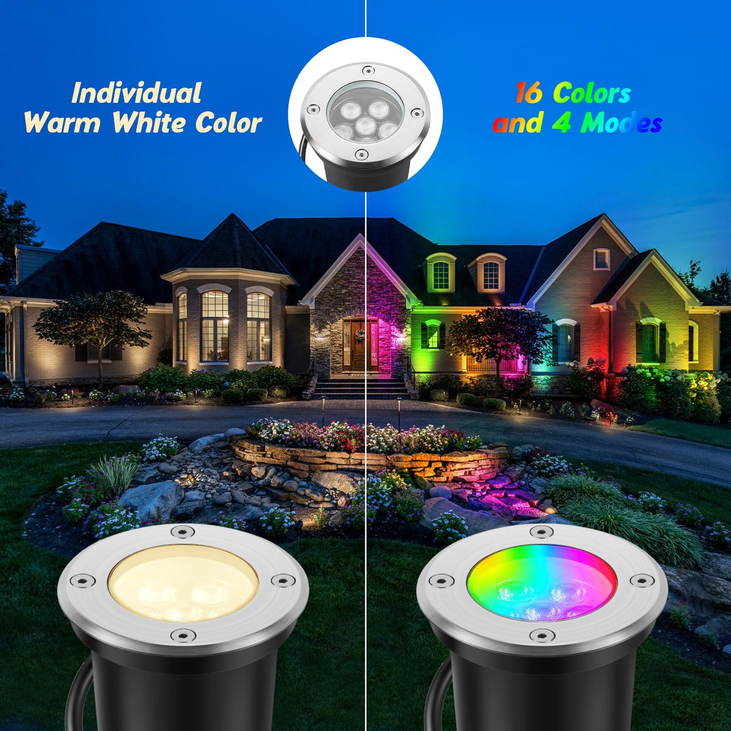 Junview Low Voltage Landscape Lights 10W RGBW Warm White LED Well Landscape Lighting with Remote IP67 Waterproof Outdoor 12V-24V Pathway Deck Ground Garden RGB Well Lights 4Pack
