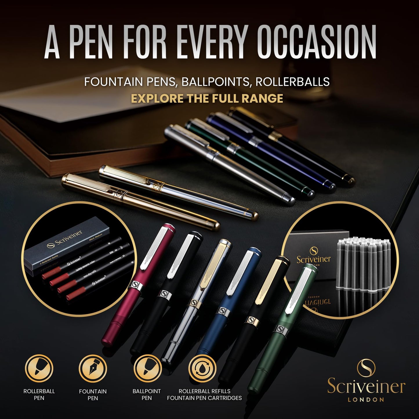 Scriveiner Luxury EDC Fountain Pen (Medium), Stunning Heavy Brass Pocket Pen, Hand Brushed Finish, Schmidt German Nib Converter, Best Writing Pen Gift Set for Men Women, Nice Fancy Designer Pen