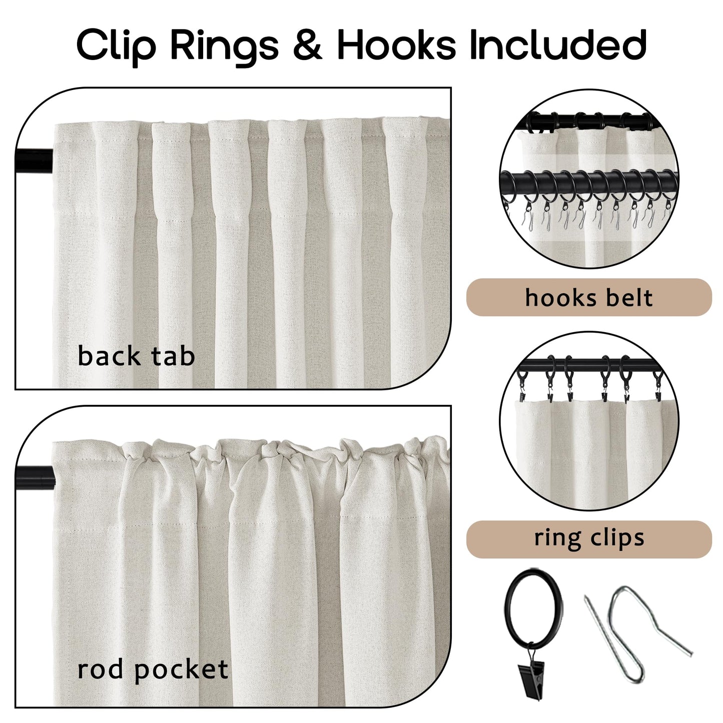 Linen Blackout Curtains 92 Inches Long,Black Out Back Tab Boho Curtains 2 Panels for Bedroom Living Room,Natural Cream