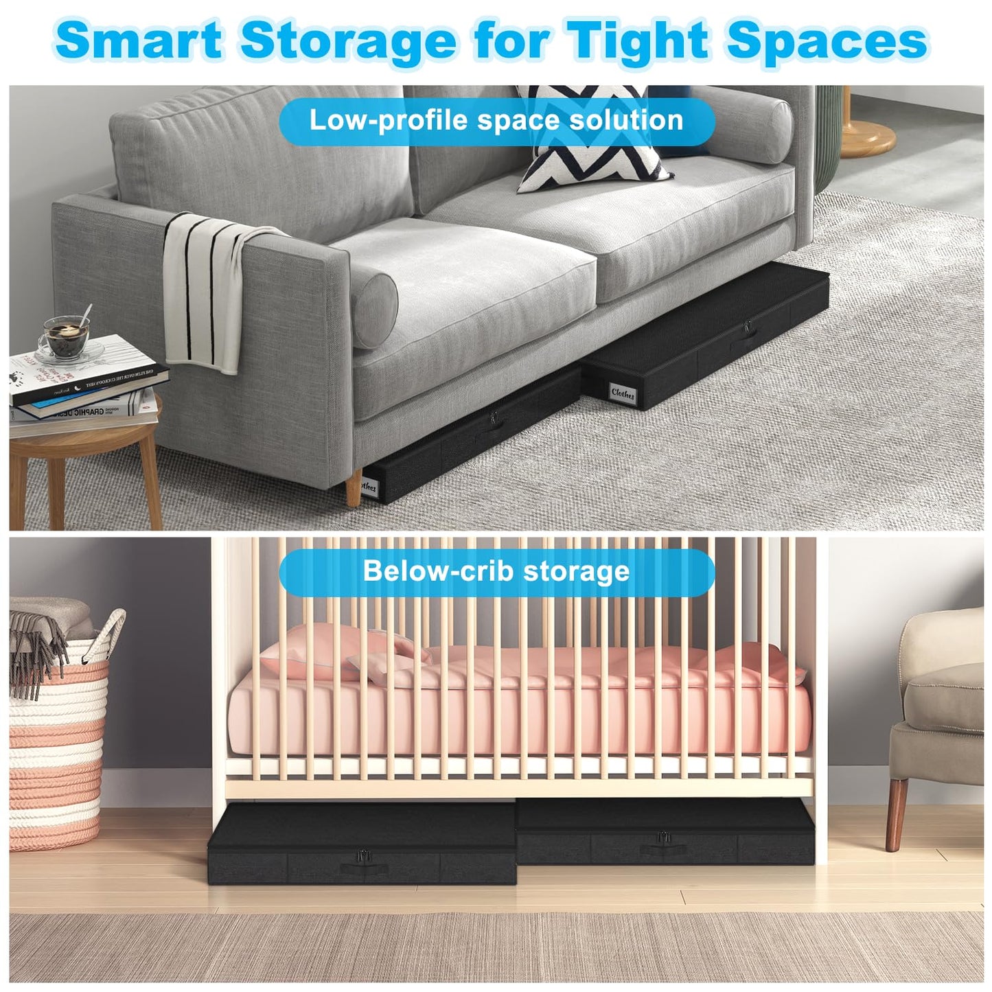 2 Pack Under Bed Storage Bins 12cm (4.5") Tall, Low Profile Underbed Clothes Storage Containers with Lids, Foldable Thick Fabric Underbed Storage Box for Blankets, Clothes, Toys w/Sturdy Bottom/Sides