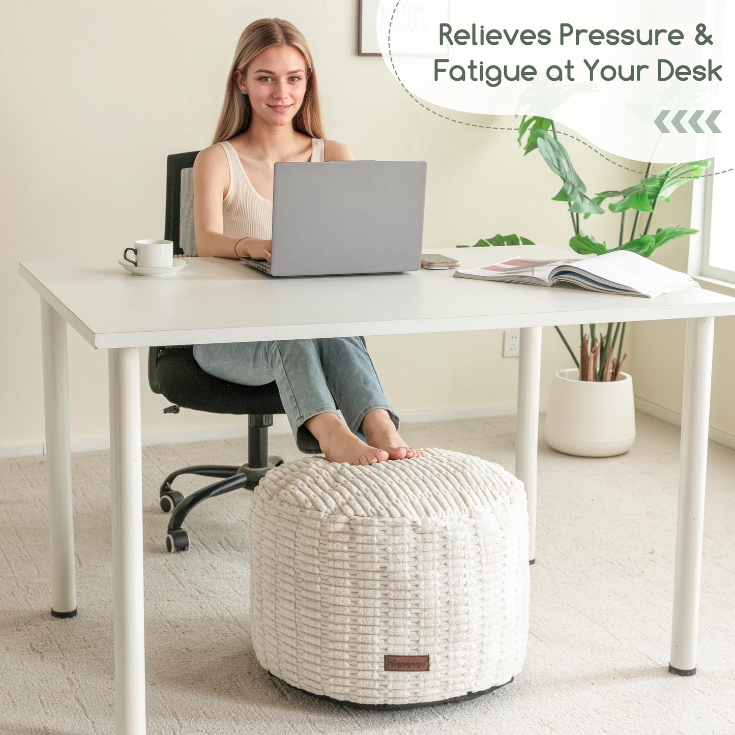 HIGOGOGO Pouf Ottoman Stuffed Round Modern Foam Filled Foot Rest Poufs for Living Room，26 X 18 Inches Footstool for Wedding Christmas Party, Beige