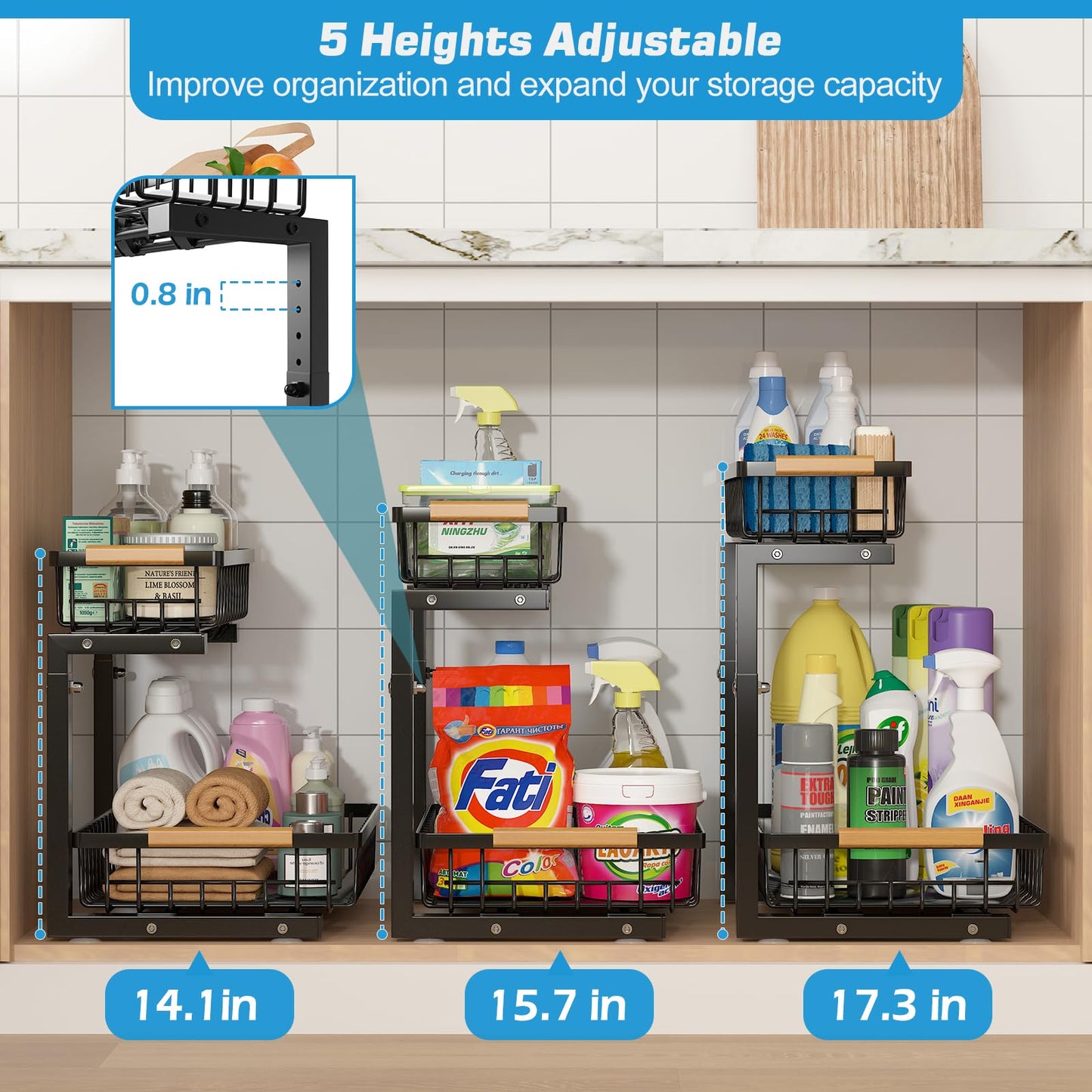 Floridy Under Sink Organizer 2 Packs, 2 Tier Slide Out Large Kitchen Sink Organizers and Storage Height Adjustable Under Cabinet Organizer for Kitchen Bathroom Pantry, Black