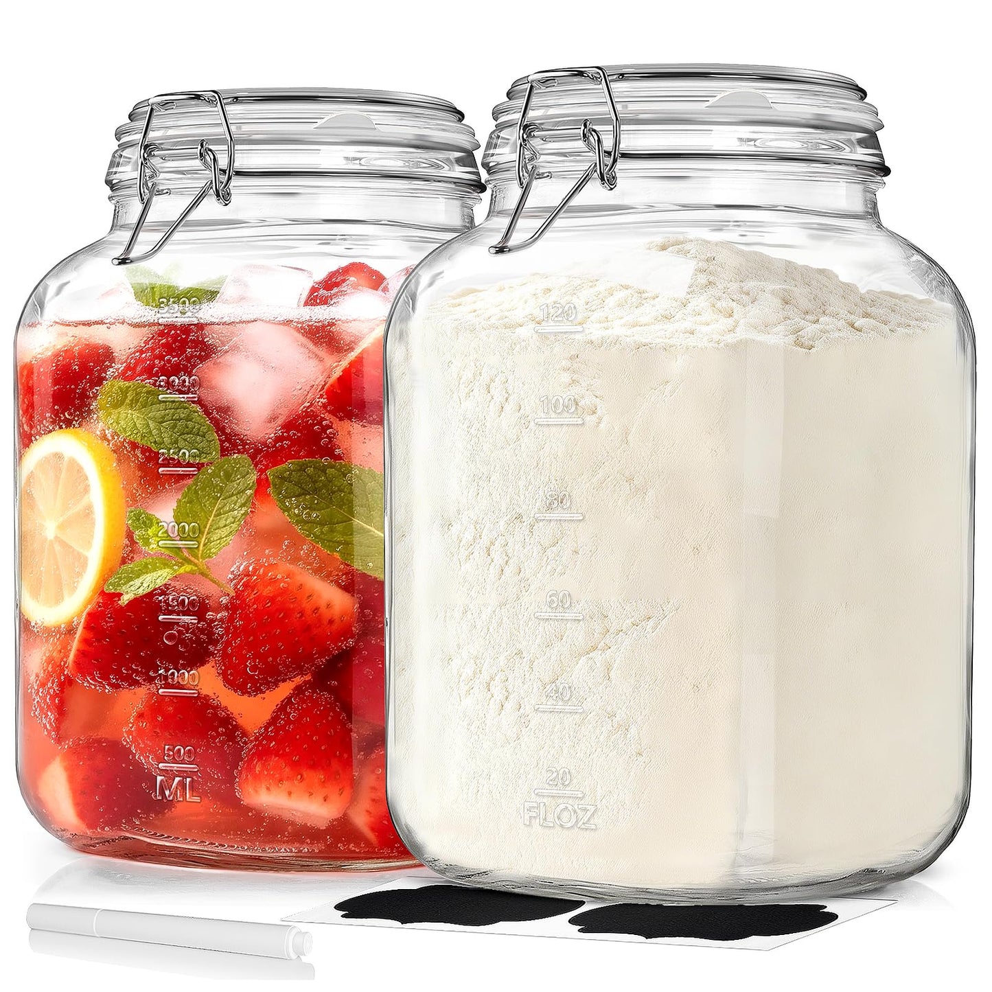 Sovietiep Wide Mouth Large Glass Jar with Airtight Lid, 1 Gallon Glass Jar w Hinged Lids and Scale Marks, Large Mason Jars w Labels and Gasket(for Kitchen Storage, Pickling, Fermenting), Set of 2