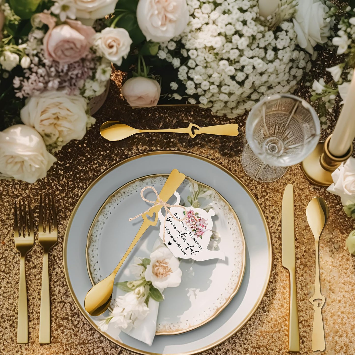 Skybooly 50 Sets Bridal Shower Tea Party Favors for Guests Mini Coffee Spoons Small Spoons Heart Spoon with Teapot Idea Thank You Cards and Hemp Rope Wedding Souvenirs Tea Party Supplies