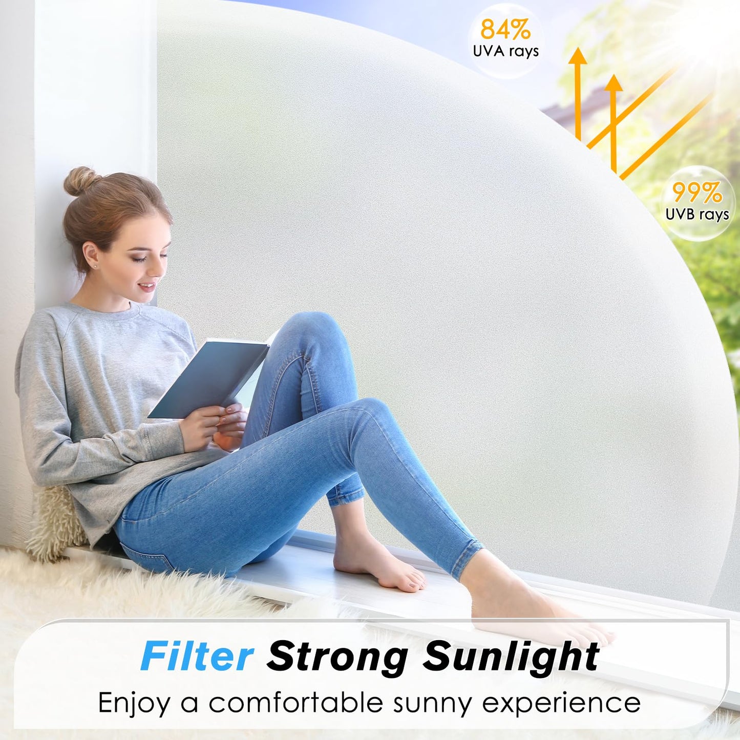 Haton Window Films for Privacy, Static Cling Frosted Glass Film, Sun Heat Blocking Privacy Window Tint, Anti-Glare Removable Frosting Sticker Covering for Home Bathroom, Pure 60 x 200cm