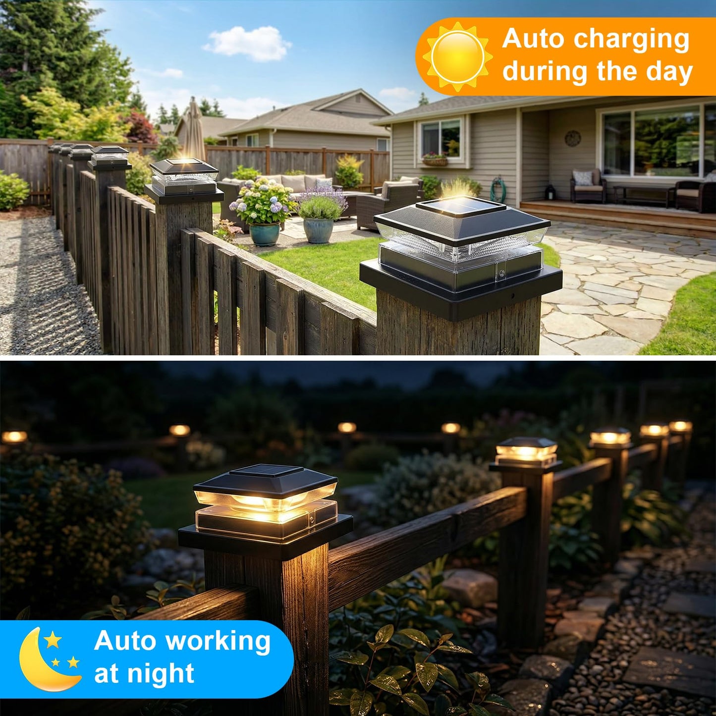 Fohil 6 Pack Solar Post Cap Lights, Outdoor Solar Fence Post Lights for 4x4 Wood/Vinyl Posts, Waterproof LED Solar Powered Deck Post Lights for Garden Patio Fence Porch Deck Decor