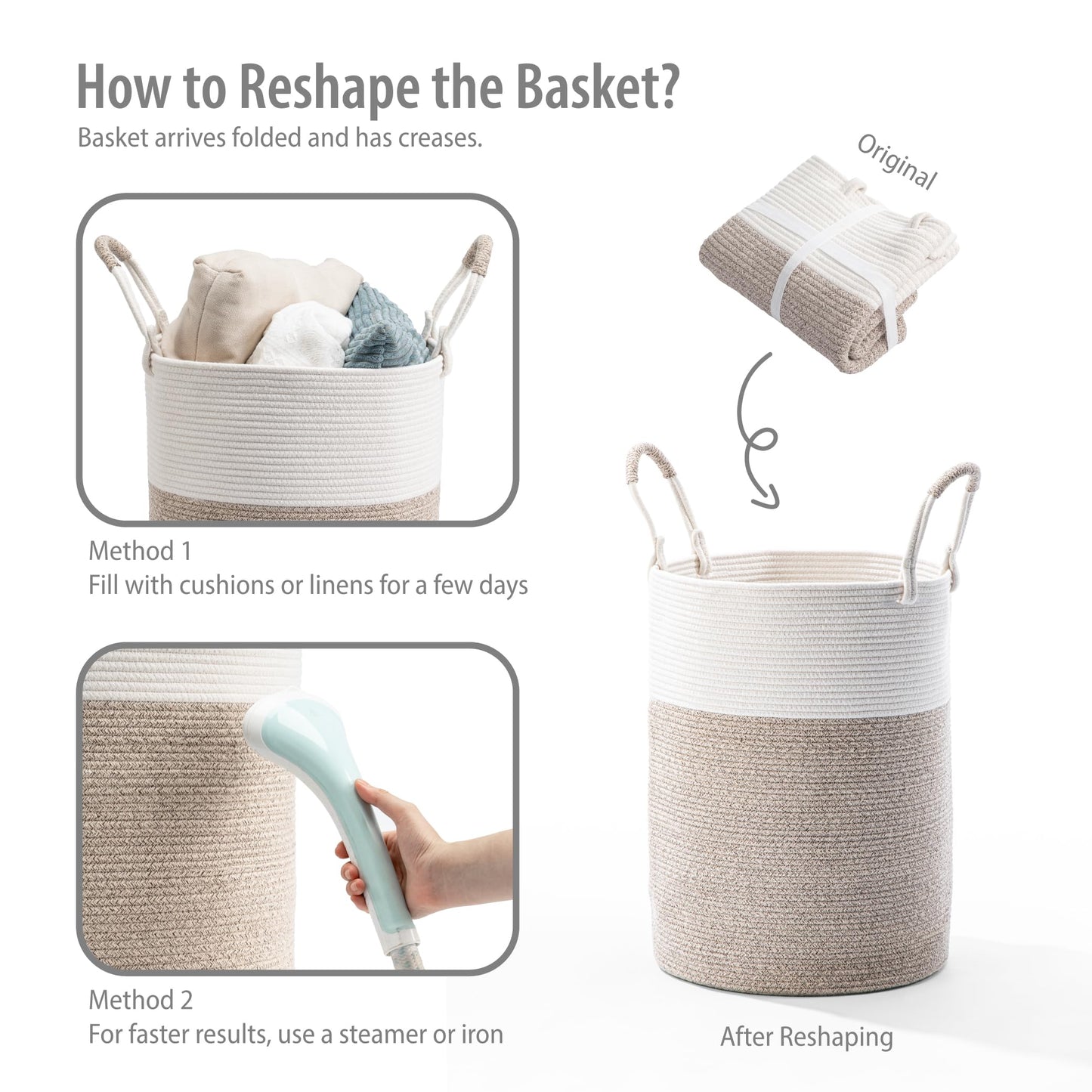 Kodomoore Laundry Basket Hamper – Woven Cotton Rope Nursery Hamper for Clothes, Blankets, Yoga Mat – Boho Basket for Living Room – 16”D x 22”H – White & Beige Brown