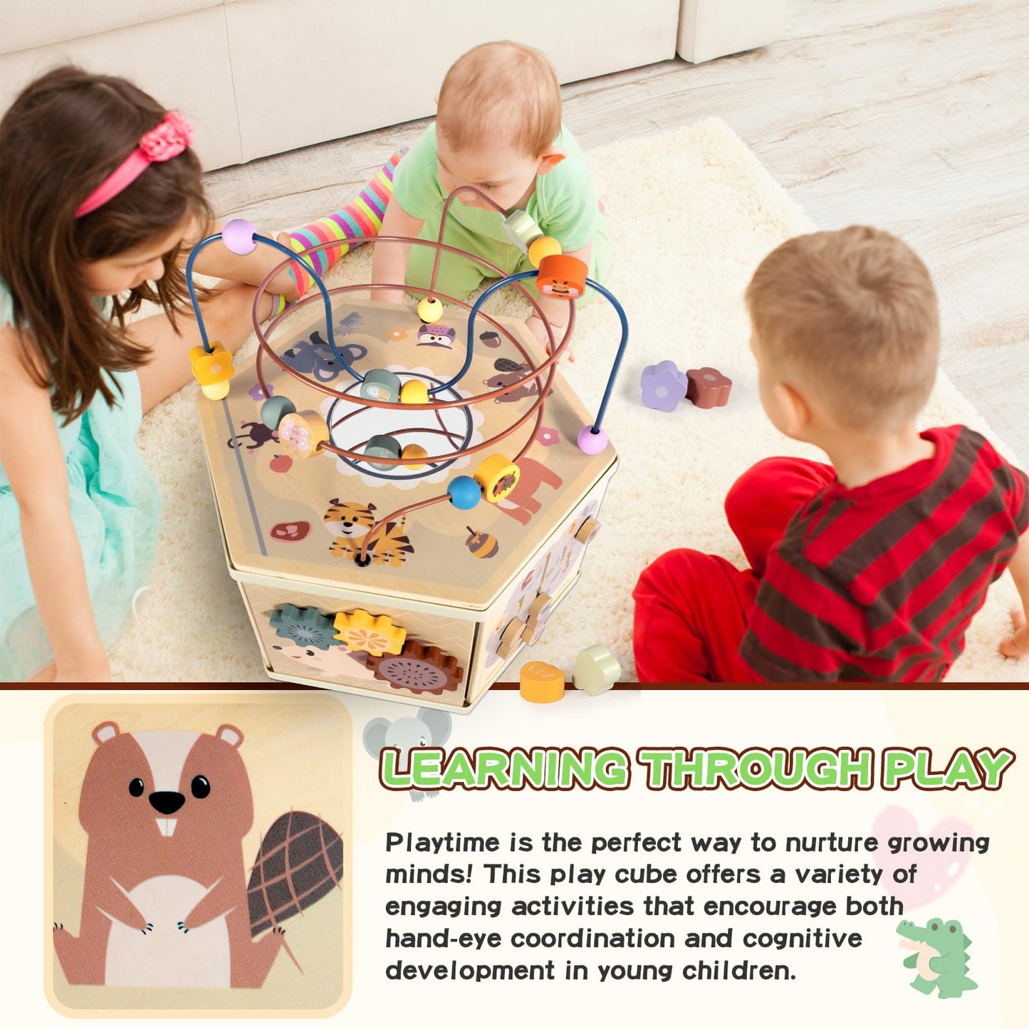 aiwo 7-in-1 Activity Cube for Toddlers 1-3 Montessori Toys, Wooden Large Activity Center for 1 Year Old Baby, Educational Sensory Learning Toys for Boys and Girls Birthday Gifts