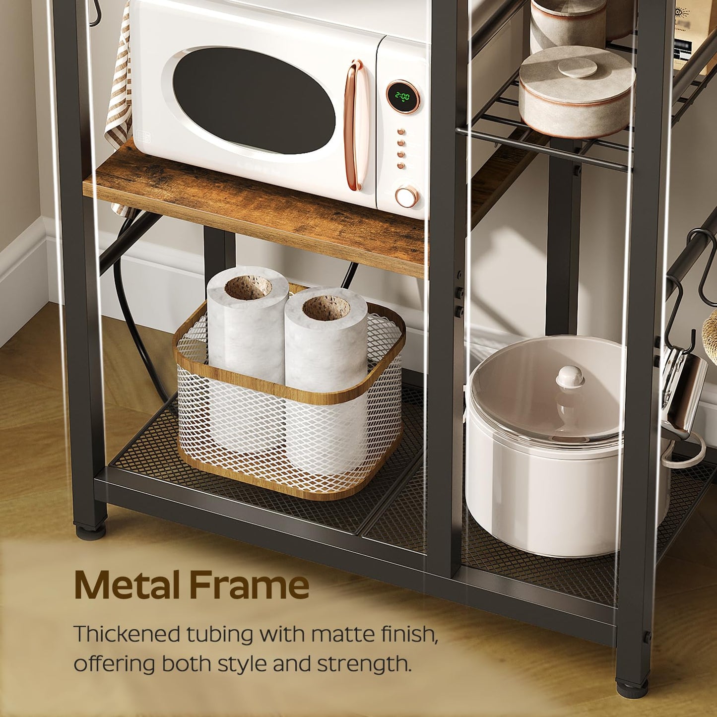 YATINEY Movable Bakers Rack, Microwave Stand with Charging Station, Kitchen Storage Rack with Hooks and Basket, Casters and Adjustable Feet, for Small Space, Kitchen, Dining Room, Rustic Brown HB04UBR