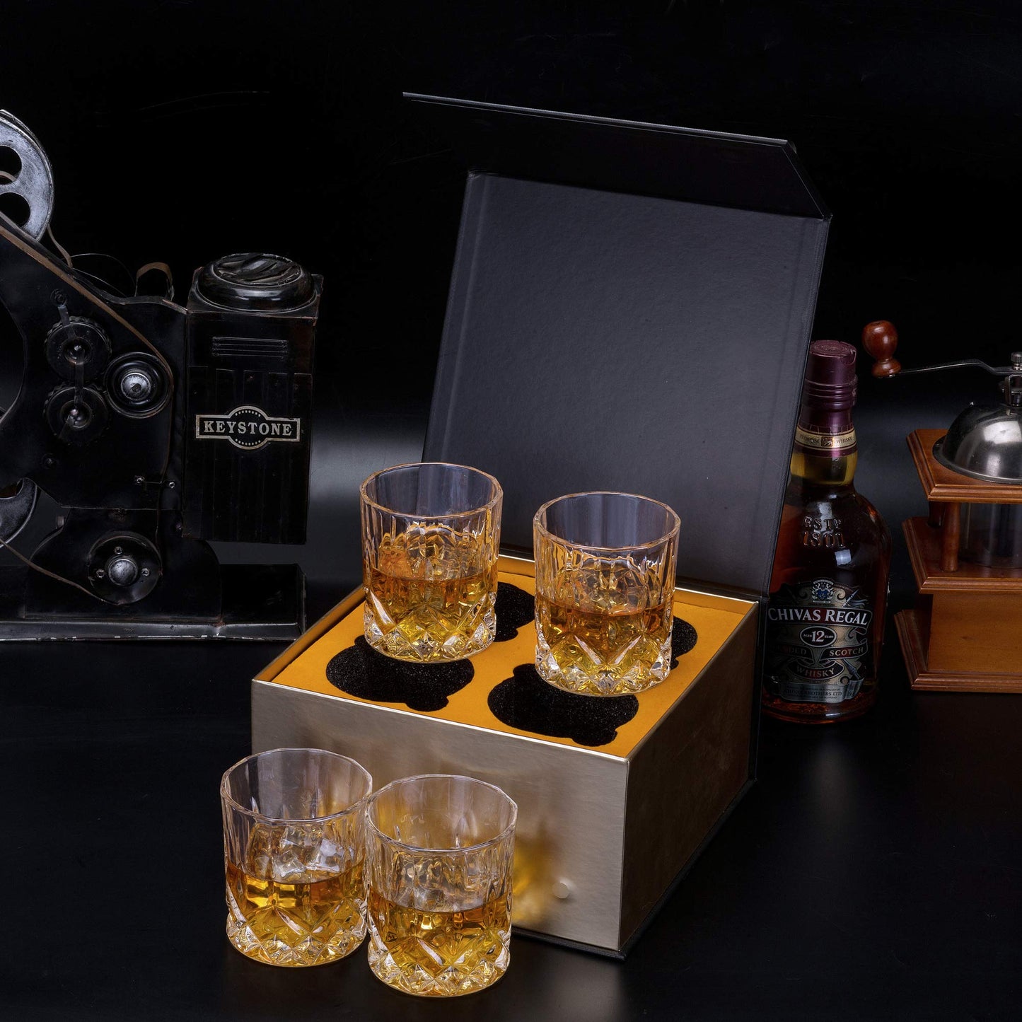 KANARS Whiskey Glasses Set of 4 - 300ml Old Fashioned Cocktail Glass - Premium Crystal Tumblers for Scotch, Whisky, Bourbon, Rum and Vodka - Unique Gift for Father's Day