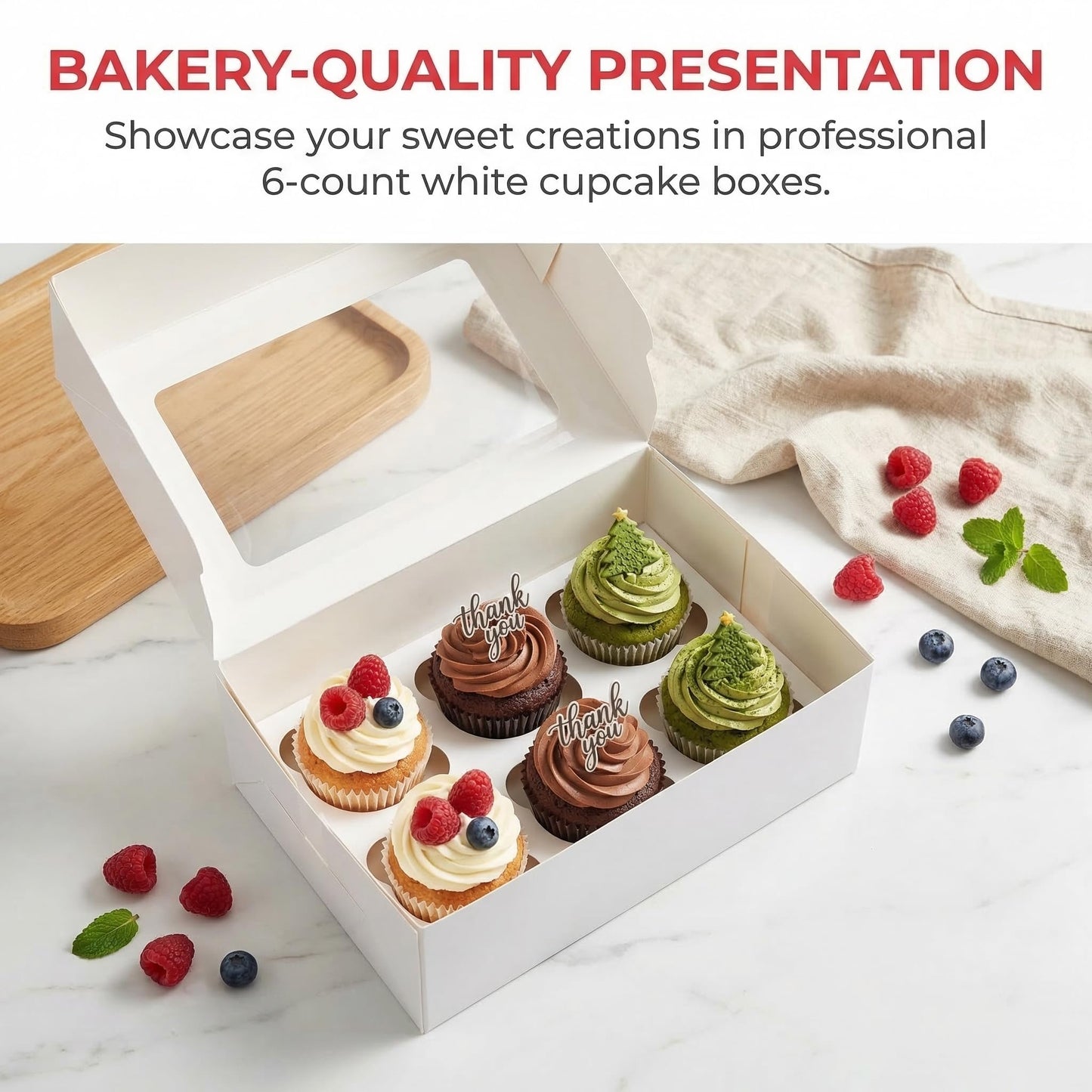 Jucoan 50 Pack White Paper Cupcake Box with Insert and Window Hold 6 Standard Cupcakes, Cupcake Carrier Container, Bakery Muffin Box for Pastry, Cookies, Birthday, Mother's Day, Wedding Party