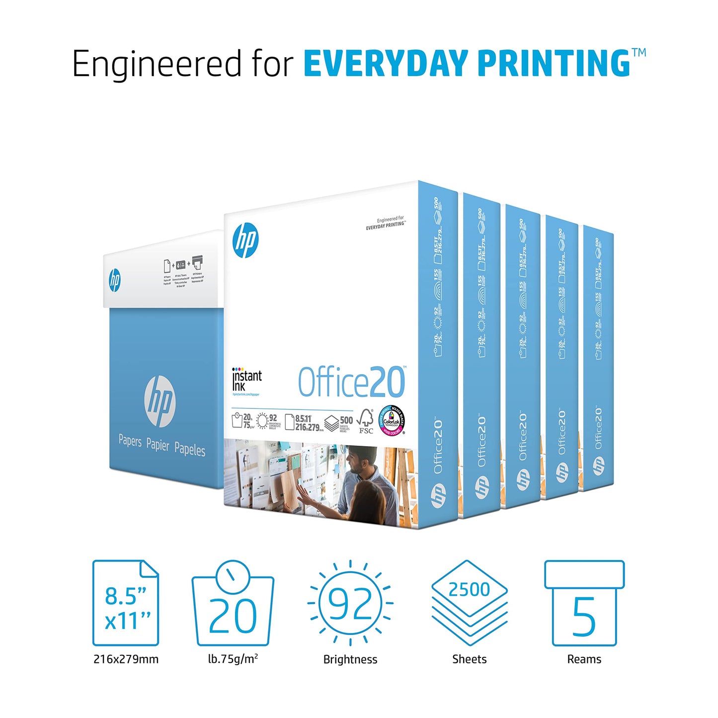 HP Printer Paper 8.5x11 Office 20 lb 5 Ream Case 2500 Sheets 92 Bright Made in USA FSC Certified Copy Paper HP Compatible 112150C