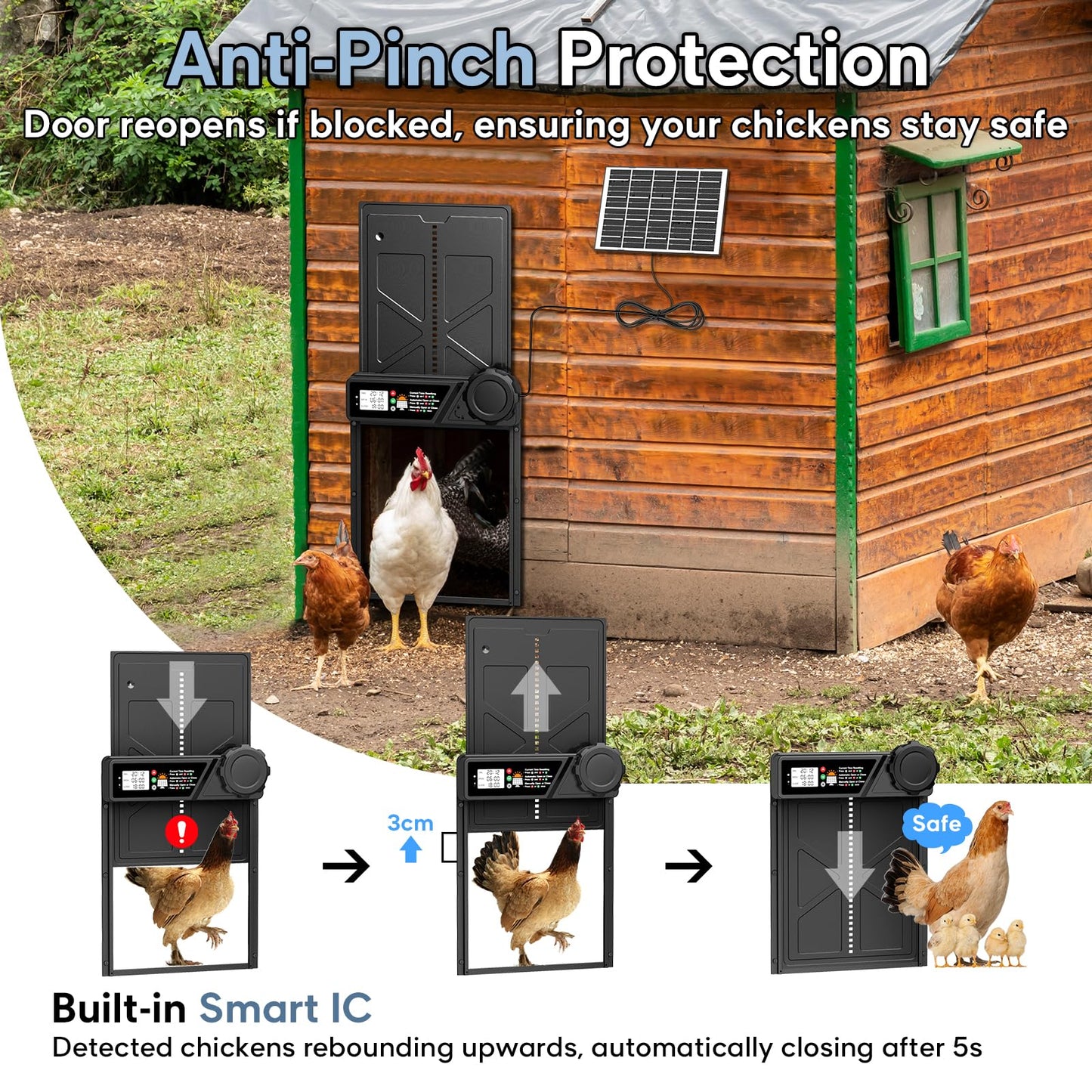 Large Automatic Chicken Coop Door Solar Powered, Aluminum Solar Chicken Coop Door with Timer Mode, Premium 7W Solar Panel & Large LCD Display, Advanced Anti-Pinch Design, Range 20M Remote Control