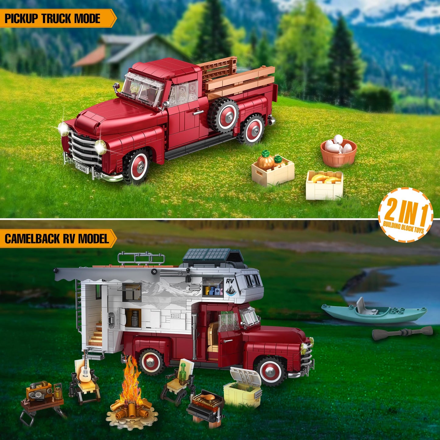 Car Building Block for Adult, 2-in-1 Camper Van Building and Farm Pickup Truck Building Set Toy for Boys Age 12+, Retro Rvs Building Block Kit Set, 2188pcs