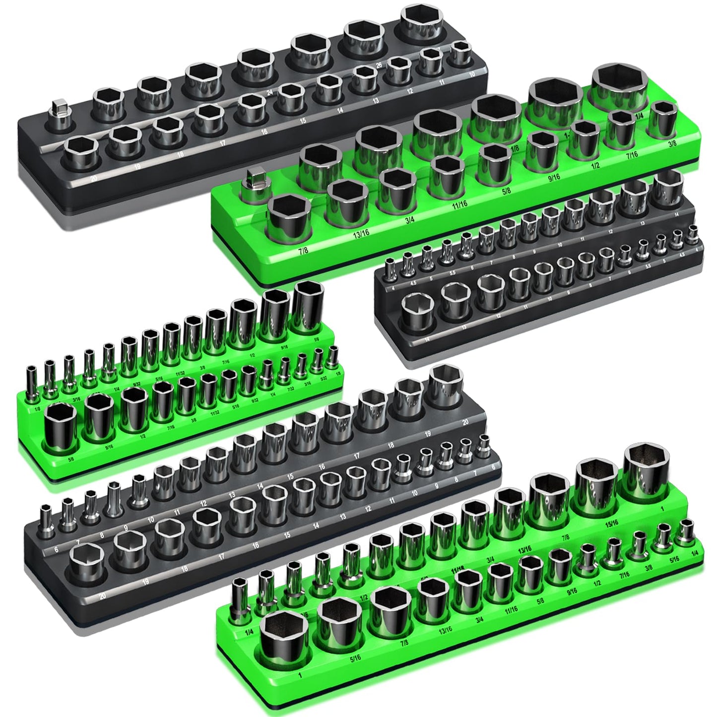 Magnetic Socket Organizer Holder Set For Tool Box Drawer, Toolbox Organization Including 1/4", 3/8" and 1/2" Drive Metric SAE Socket Trays (Sockets are not Included)