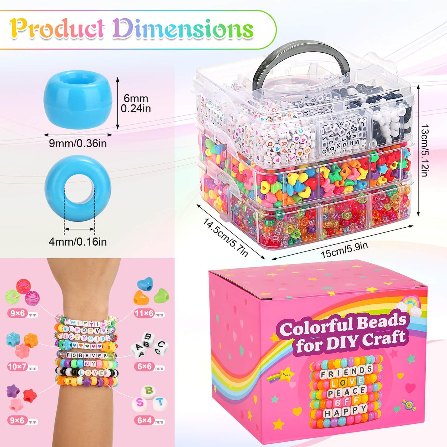 shynek 3800 Pony Beads: Bulk for Bracelets, Hair Braids & Craft - Colorful Plastic, Kandi, Star & Letter Beads for Jewelry Making