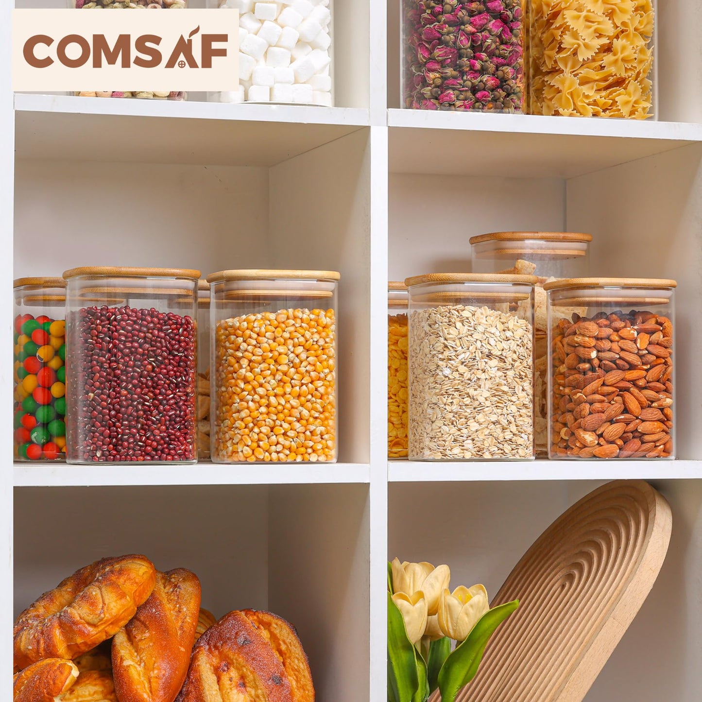 ComSaf 1.1L Glass Storage Containers with Lids, Glass Jars with Bamboo Lids, Clear Square Food Storage Jar Set of 9, Pantry Organizers and Storage for Flour Oat Pasta Tea Coffee Bean