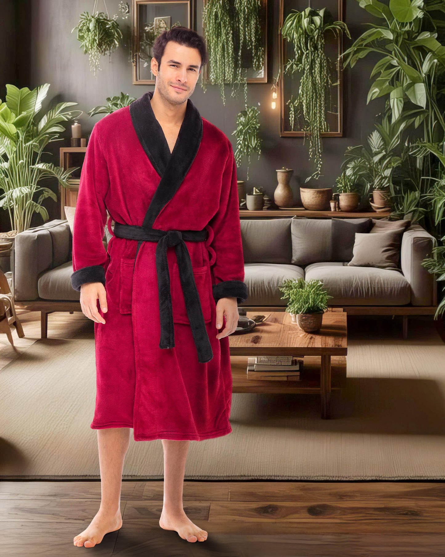 Alexander Del Rossa Men's Warm Fleece Robe, Plush Bathrobe, Large XL Burgundy with Black Contrast (A0114BRBXL)