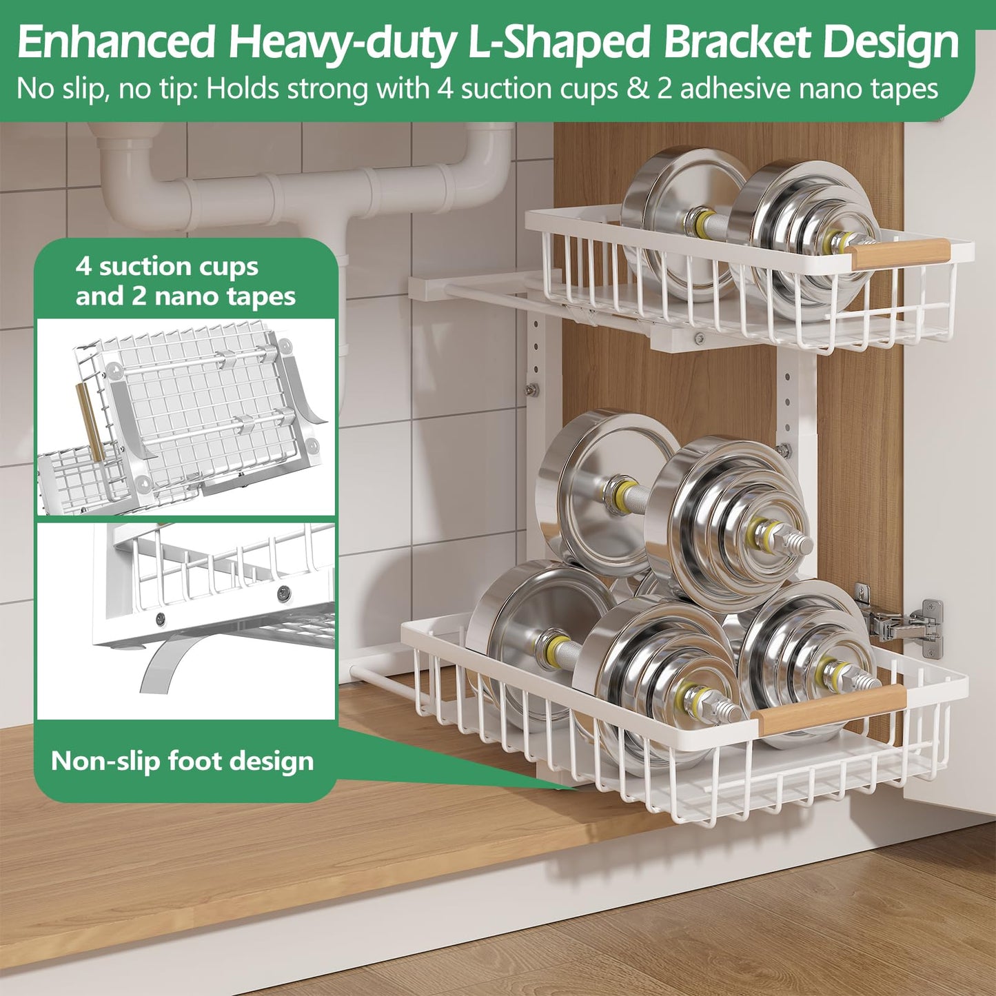 ADRIMER Under Sink Organizer, Pull Out Kitchen Organizers and Storage, 2 Tier Slide Out Bathroom Cabinet Organizers and Storage Height Adjustable Durable Metal, White