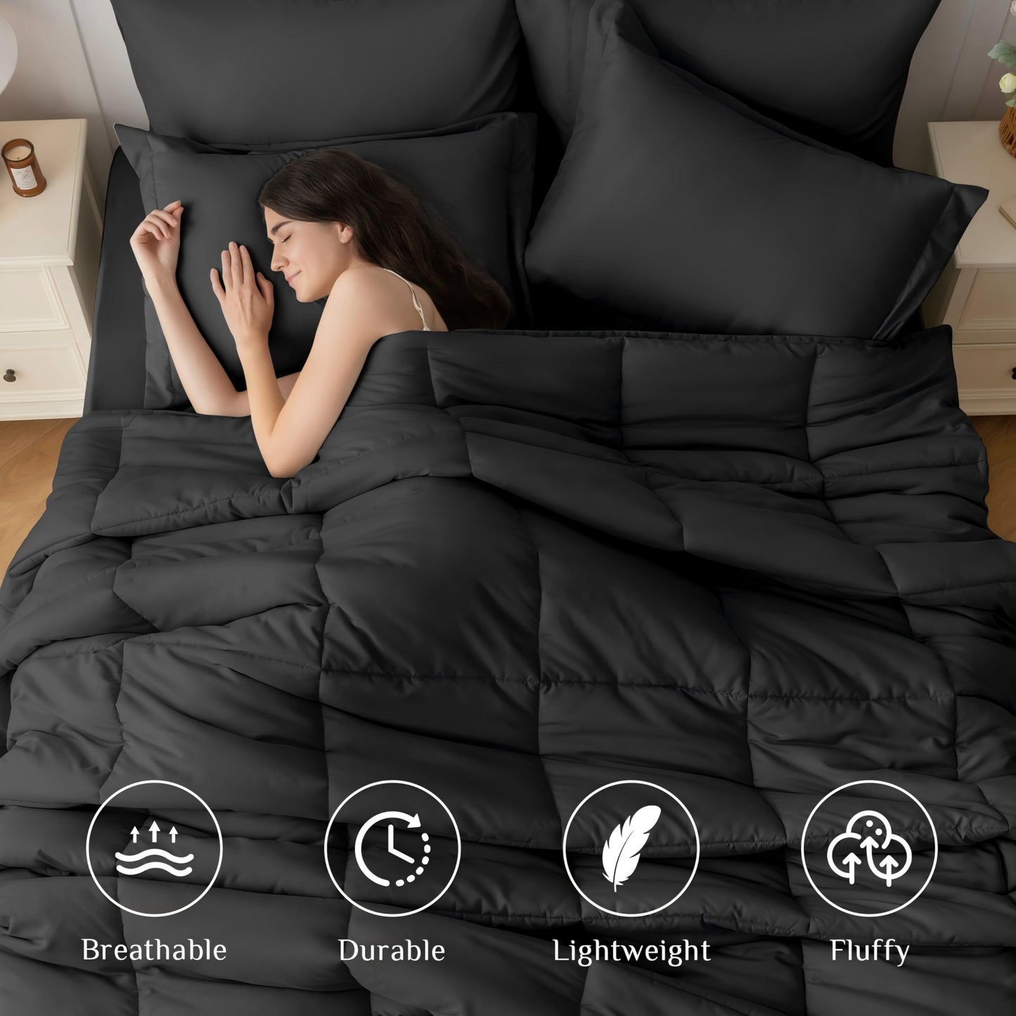 JOLLYVOGUE Black King Size Comforter Set - Ultra-Soft Bedding Set for All-Season Warmth - Bed in a Bag 7 Pieces with Sheets, Pillowcases & Shams