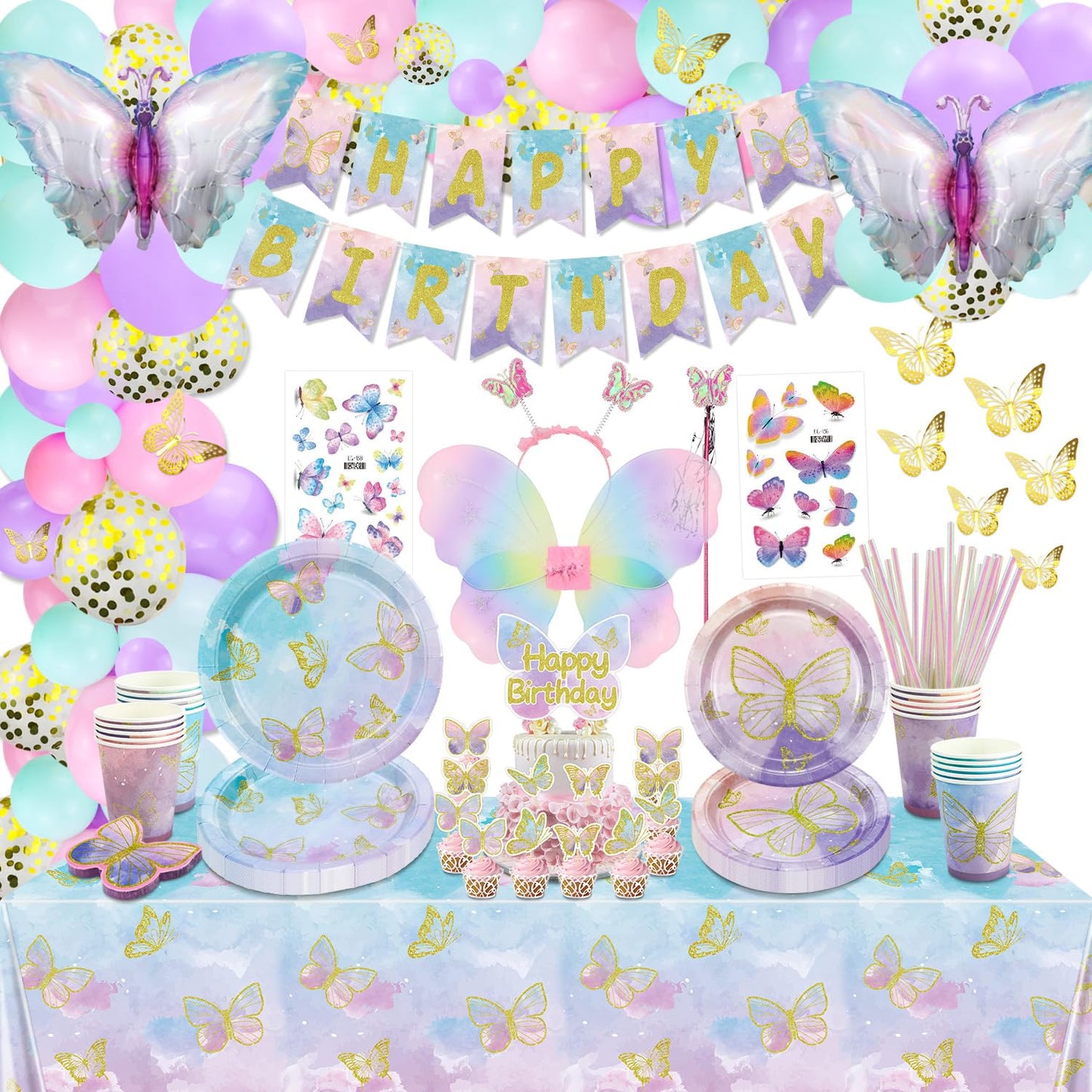 196 Pcs Butterfly Party Decorations - Including Plates, Tablecloth, Balloons, Banner, Butterfly Stickers, Cups, Fairy Wing Set for Princess Fairy Birthday Decorations, Fairy Party Supplies