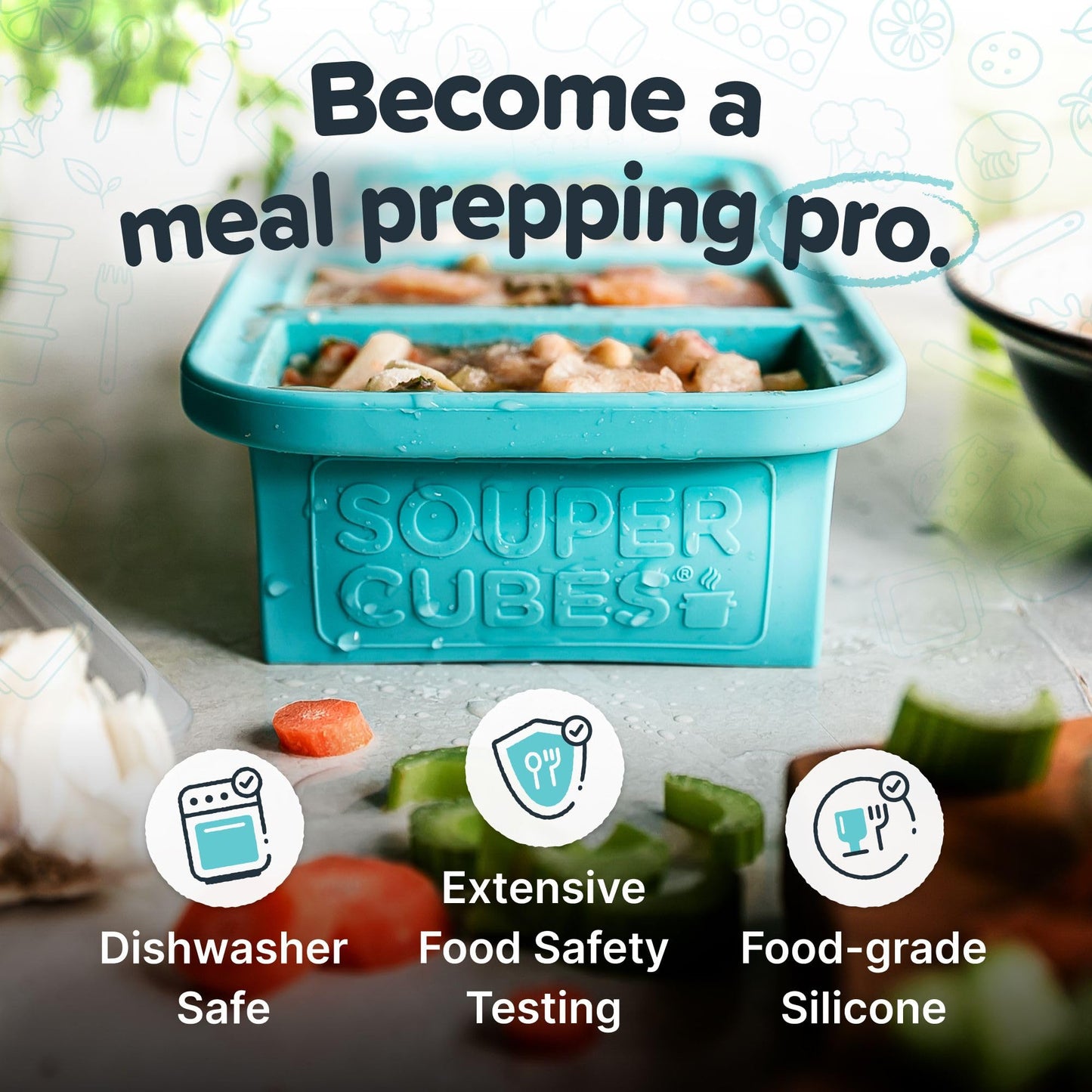 Souper Cubes 250mL/1 Cup Silicone Freezer Tray with Lids, Perfect for Storing Broth, Leftovers, Rice, Sauce and More, Silicone Soup Freezer Molds for Meal Prepping - Aqua - 2-Pack