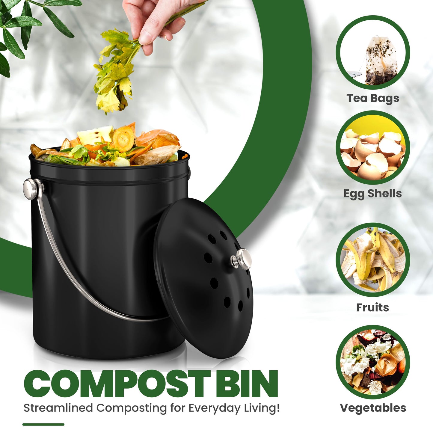 KICHLY Compost Bin, Stainless Steel Bin for Kitchen Countertop, 1.3 Gallon Composting Bucket, Compost Pail with Lid, Includes 1 Spare Charcoal Filter, Black