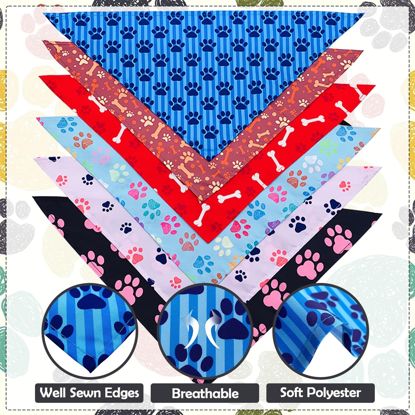 Pai Sence 30 Pcs Paw Print Bandanas Bulk for Large Dogs 33 Inch XL Stitch Dog Bandanas Polyester Bandana Party Grooming L