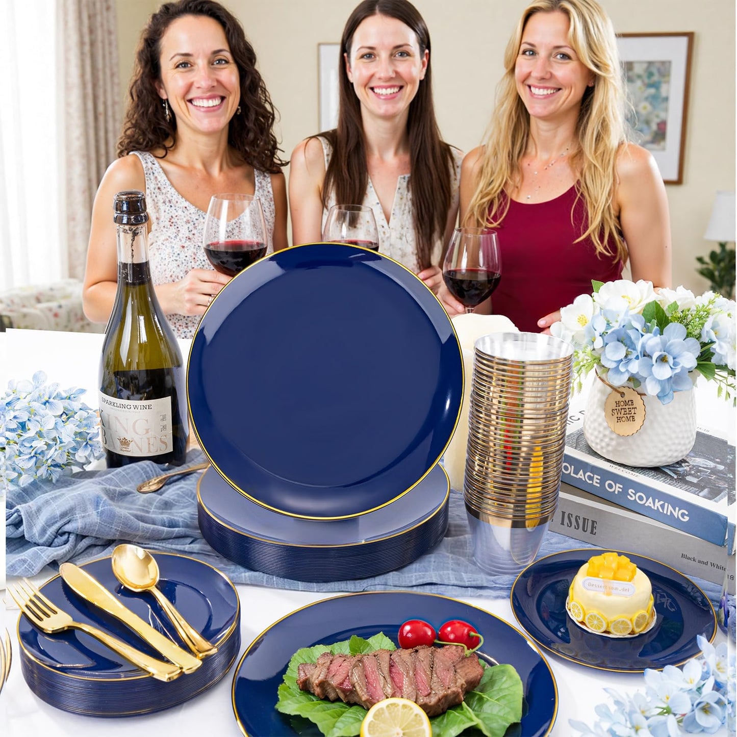 WDF 150Pcs Blue Plastic Plates - Blue and Gold Disposable Plates - 25guest Disposable Dinnerware Include 25 Dinner Plate, 25 Dessert Plate, 75 Cutlery & 25 9oz Cups for Wedding & Parties
