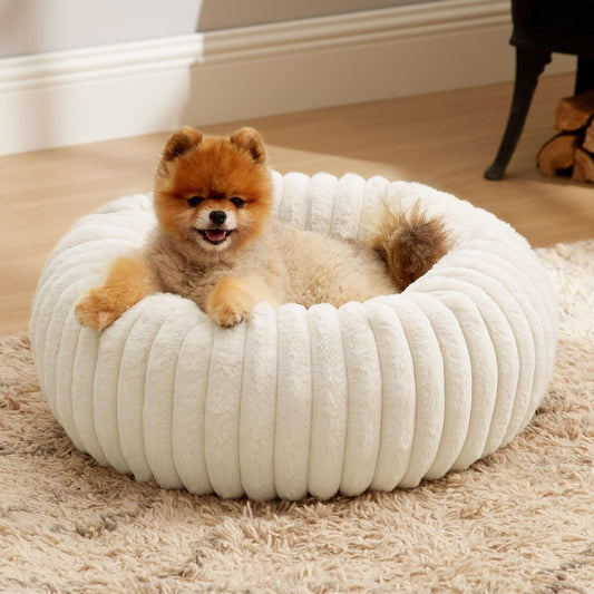 Bedsure Donut Small Dog Bed - Dog Beds for Small Dogs with Corduroy Fleece & Anti Slip Bottom, Round Faux Fur Pet Beds with Washable Removable Cover, Cream, 23Inches