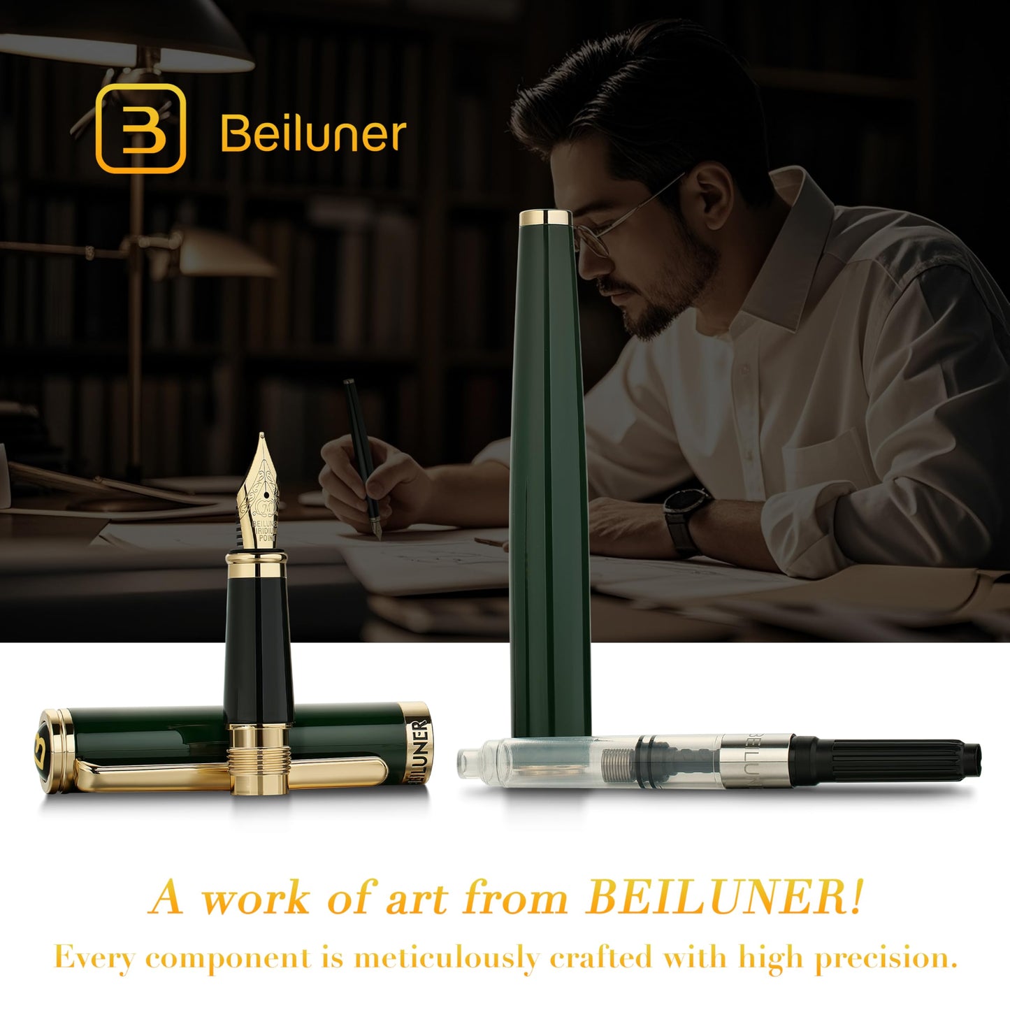 BEILUNER British Racing Green Fountain Pen,Stunning Luxury Pens with 24K Gold Accents, Gorgeous 24K Gilded Nib(Medium), Ink Converter, Pen Gift for Men&Women-Elegant, Reliable,Fancy for Writing