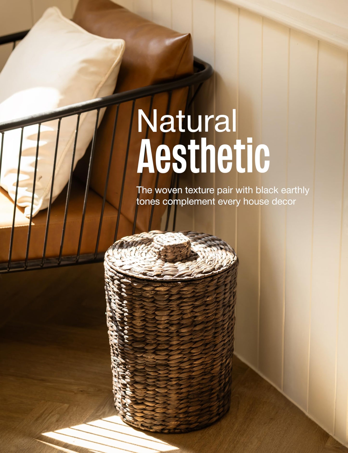 4 Gallons Wicker Waste Basket - Water Hyacinth Bathroom Trash Can - Garbage Can with Lid Boho Style - Wicker Trash Can with Lid for Bedroom, Kitchen - Removable Liner, Handwoven (Black Color)