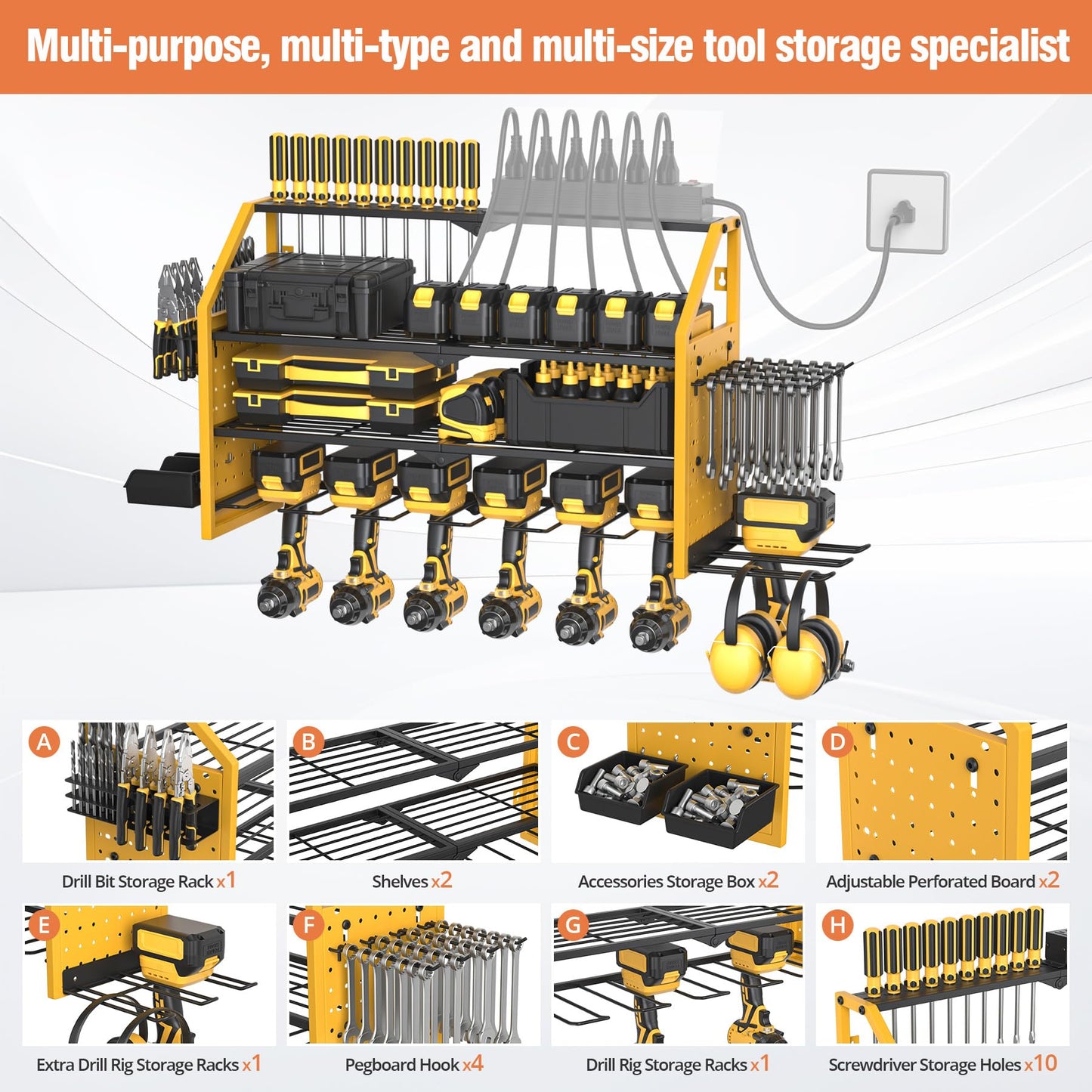 Electric Tool Storage Rack, Wall-Mounted Heavy-Duty Metal Tool Storage Shelf, Practical Tool Rack with 8 Drill Bit Holders, Garage Organization Storage Rack, Men's Gift (Power Outlet Not Included)