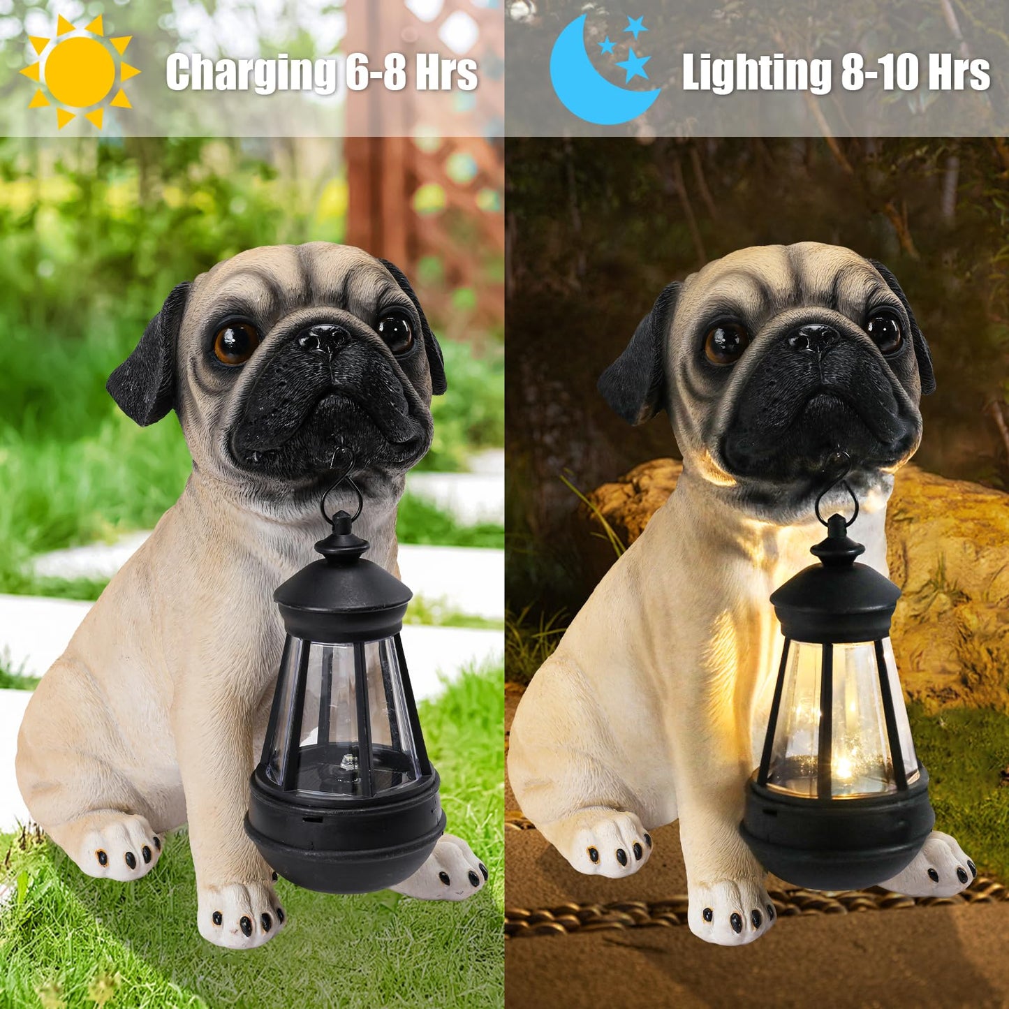 Garden Dog Statues Outdoor Decor, Solar Lights Outdoor Pug Figurines Solar Dog Ornaments for Patio, Lawn, Yard Art Decoration, Valentines Day Gifts, Housewarming Garden Gift