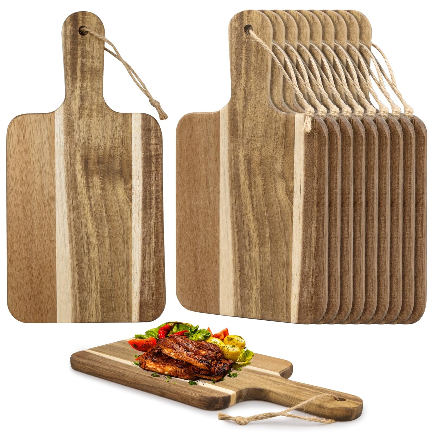 10 Pack Acacia Wood Cutting Boards Bulk,12" x 6" Small Wooden Serving Boards/Trays with Handle,Mini Charcuterie Board for Cheese, Bread, Appetizers,Kitchen,Party,Restaurant and Café