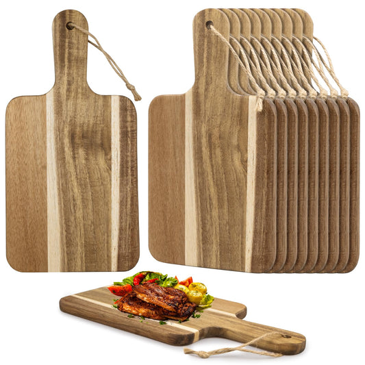 10 Pack Acacia Wood Cutting Boards Bulk,12" x 6" Small Wooden Serving Boards/Trays with Handle,Mini Charcuterie Board for Cheese, Bread, Appetizers,Kitchen,Party,Restaurant and Café