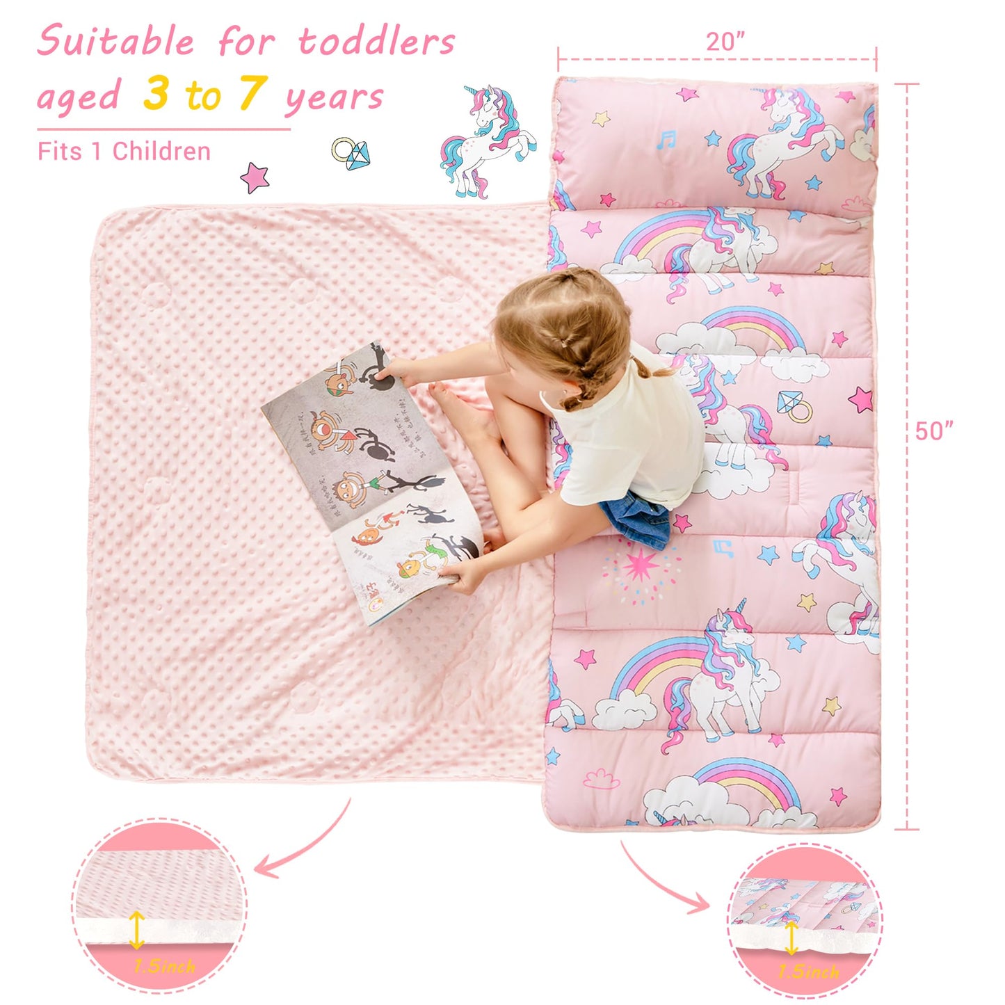 Lasoftan Toddler Nap Mat with Pillow and Blanket, Extra Large Rolled Napping Mats,Slumber Bags for Boys Girls,Kids Sleeping Bag for Daycare, Preschool Travel Camping, Unicorn