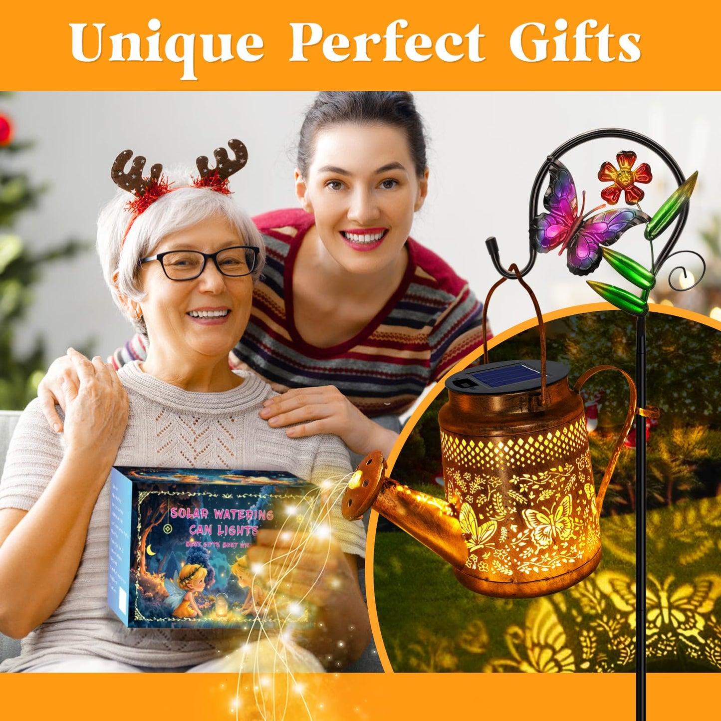 Solar Powered Butterfly Watering Can Lights Waterproof Outdoor Garden Decor with Shepherd Hook Hanging Patio Lights for Yard, Porch, Backyard Perfect Gardening & Birthday Gift for Women, Mom, Grandma
