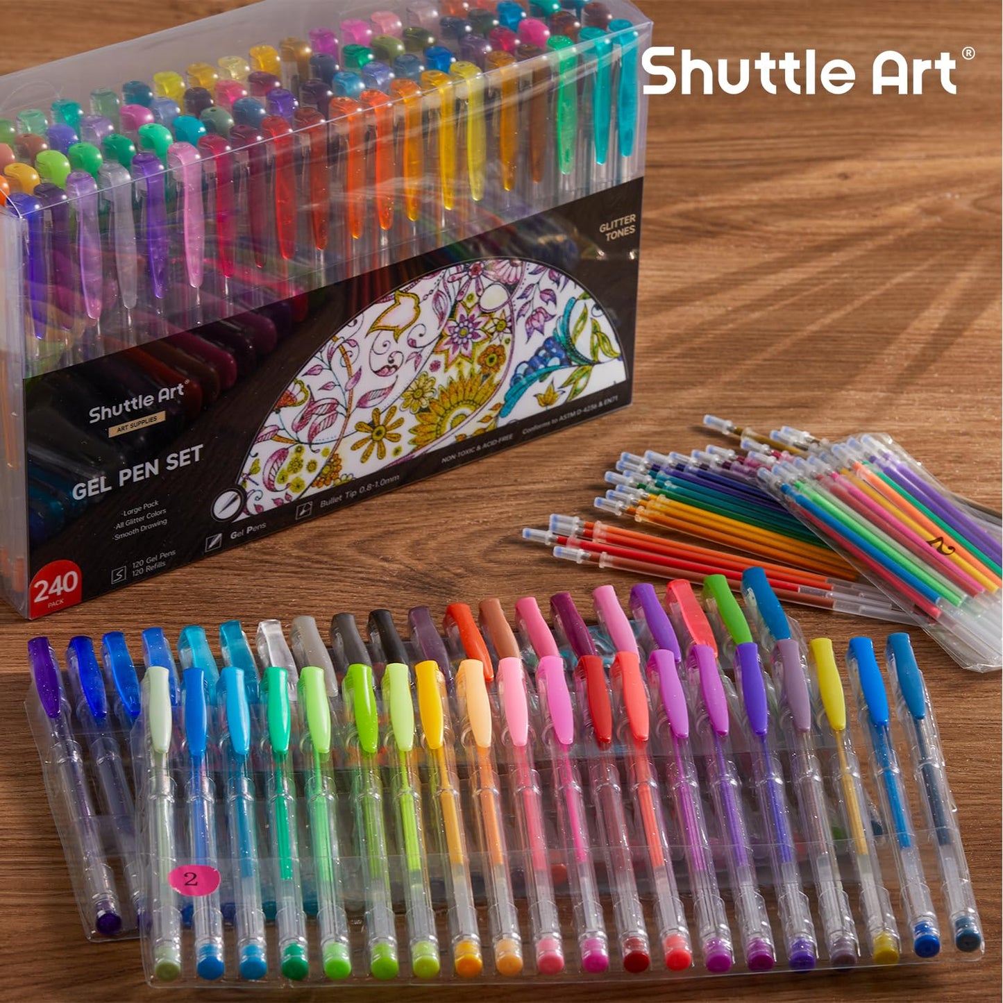 Shuttle Art 240 Pack Glitter Gel Pens, 120 Colors Glitter Gel Pen Set with 120 Refills for Adult Coloring Books Craft Doodling