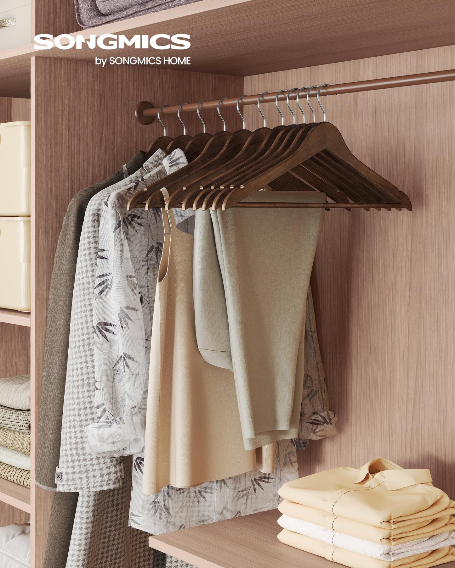 SONGMICS Wooden Hangers, Coat Hangers, Pants Bar, 360° Swivel Hooks, Solid Birch Wood, Space-Saving, for Jackets, Shirts, Coats, Pack of 30, Walnut Brown UCRW030K02
