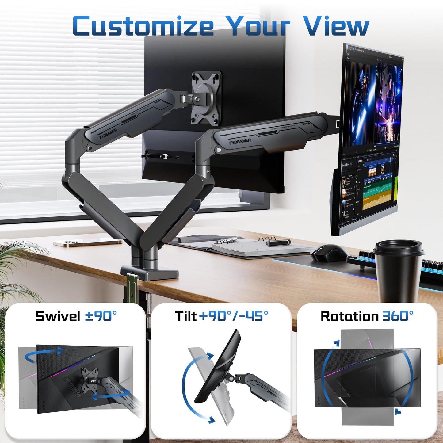 Fydeamer Dual Monitor Arm, Heavy Duty Gas Spring Monitor Mount for 17-32 Inch Screens up to 19.8lbs, Full Motion Adjustable Desk Mount with VESA 75x75/100x100mm, Gray & Black