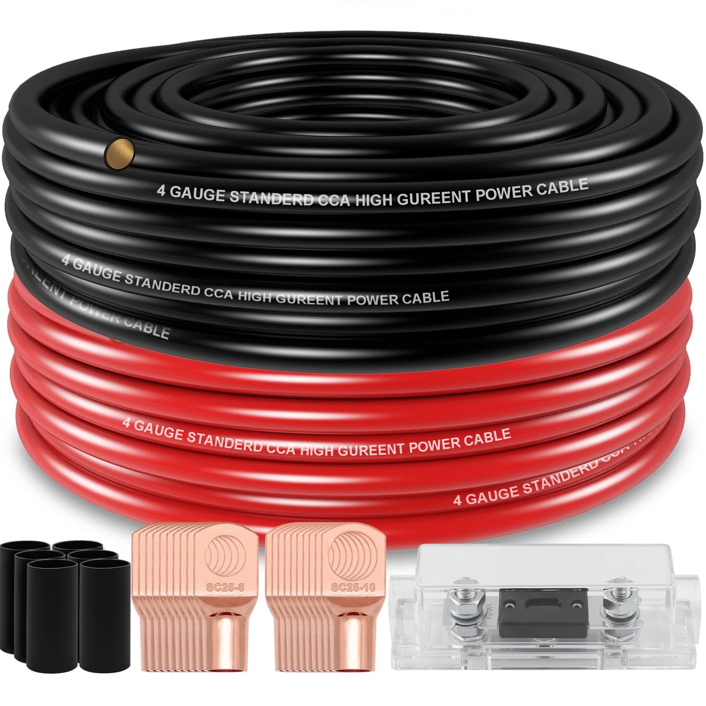 Taigoehua 50FT 4 Gauge Wire (25ft Each - Black/Red) Copper Clad Aluminum CAA,with 4ga lugs,100A ANL Fuse Holder and Heat Shrink Tube, Car Amplifier Power & Ground Cable