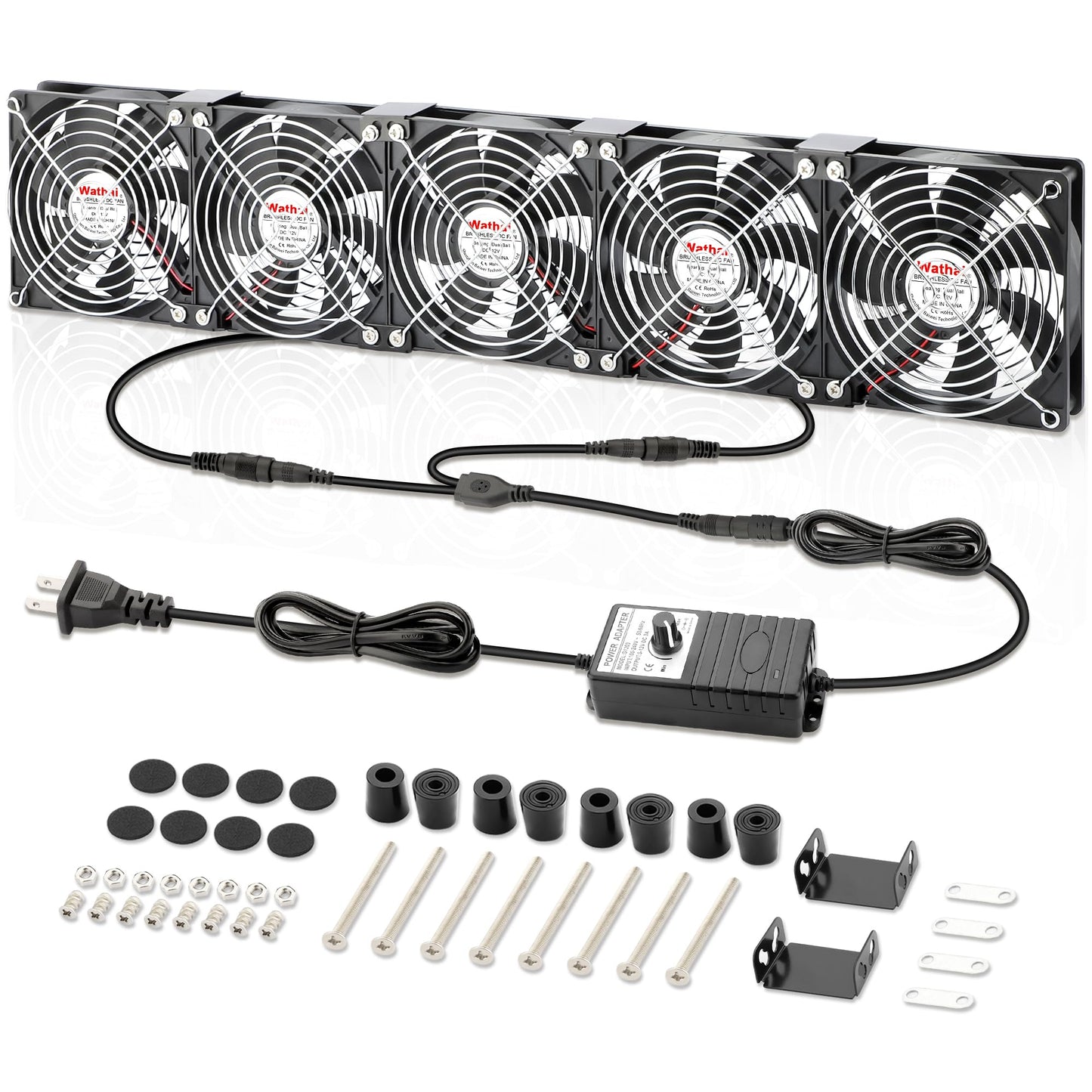 Wathai 120mm x 5 Small Box Computer Fan with AC Plug Dual Ball with Variable Speed Controller for External GPU, Server Rack Cabinet, Chicken Coop, Window Exhaust Cooling Ventilation